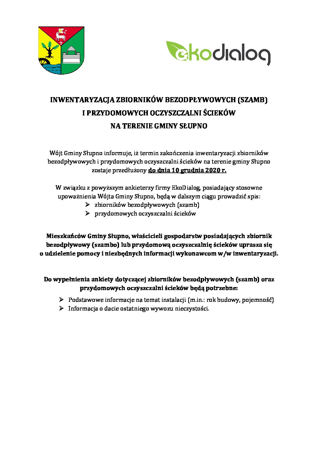 INWENTARYZACJA ZBIORNIKÓW BEZODPŁYWOWYCH (SZAMB) I PRZYDOMOWYCH OCZYSZCZALNI ŚCIEKÓW NA TERENIE GMINY SŁUPNO
